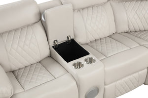 English Elm Lacrosse Power Reclining Sectional with Bluetooth Speakers, LED Lighting, USB Ports & Console Comfort Beige B009S01431