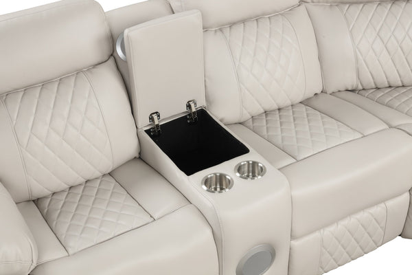 English Elm Lacrosse Power Reclining Sectional with Bluetooth Speakers, LED Lighting, USB Ports & Console Comfort Beige B009S01431