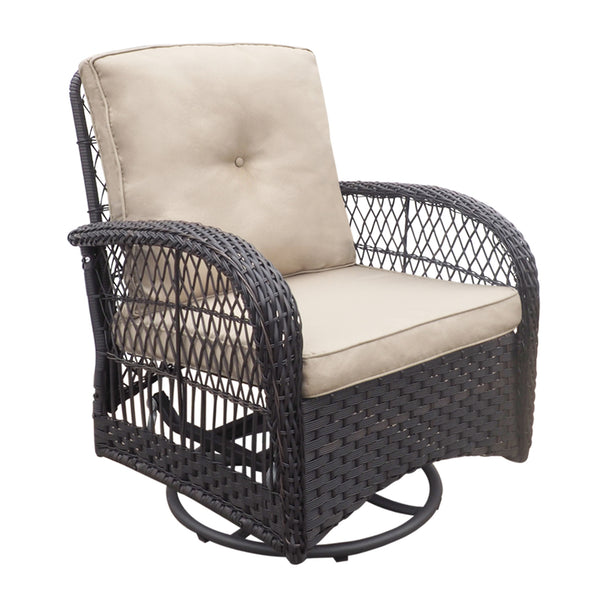English Elm 3 Piece Outdoor Wicker Swivel Rocker Bistro Set with Tempered Glass Top Side Table Khaki+Brown W2749P185927