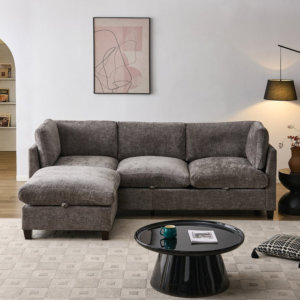 English Elm 96.5" L-shaped Chenille Sectional with Storage Ottoman Eucalyptus Frame Living Room Gray W1097S00280