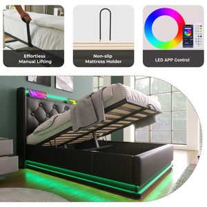 English Elm Twin Upholstered Bed with Hydraulic Storage, Surround LED, App/Remote Control & USB Type-C Charging Black N736P188805B