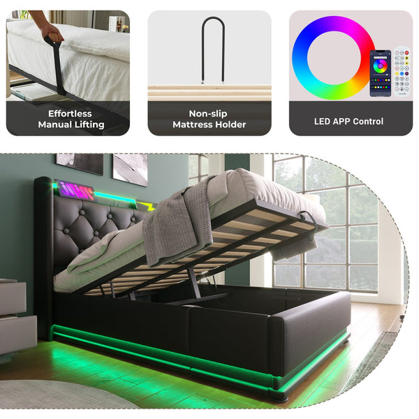 English Elm Twin Upholstered Bed with Hydraulic Storage, Surround LED, App/Remote Control & USB Type-C Charging Black N736P188805B