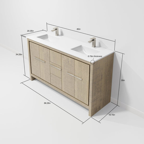 English Elm Rustic Acacia Double Bath Vanity With White Quartz Top, Gun Metal Faucet & 55 In. Mirror Included B2731S01685-GIGA