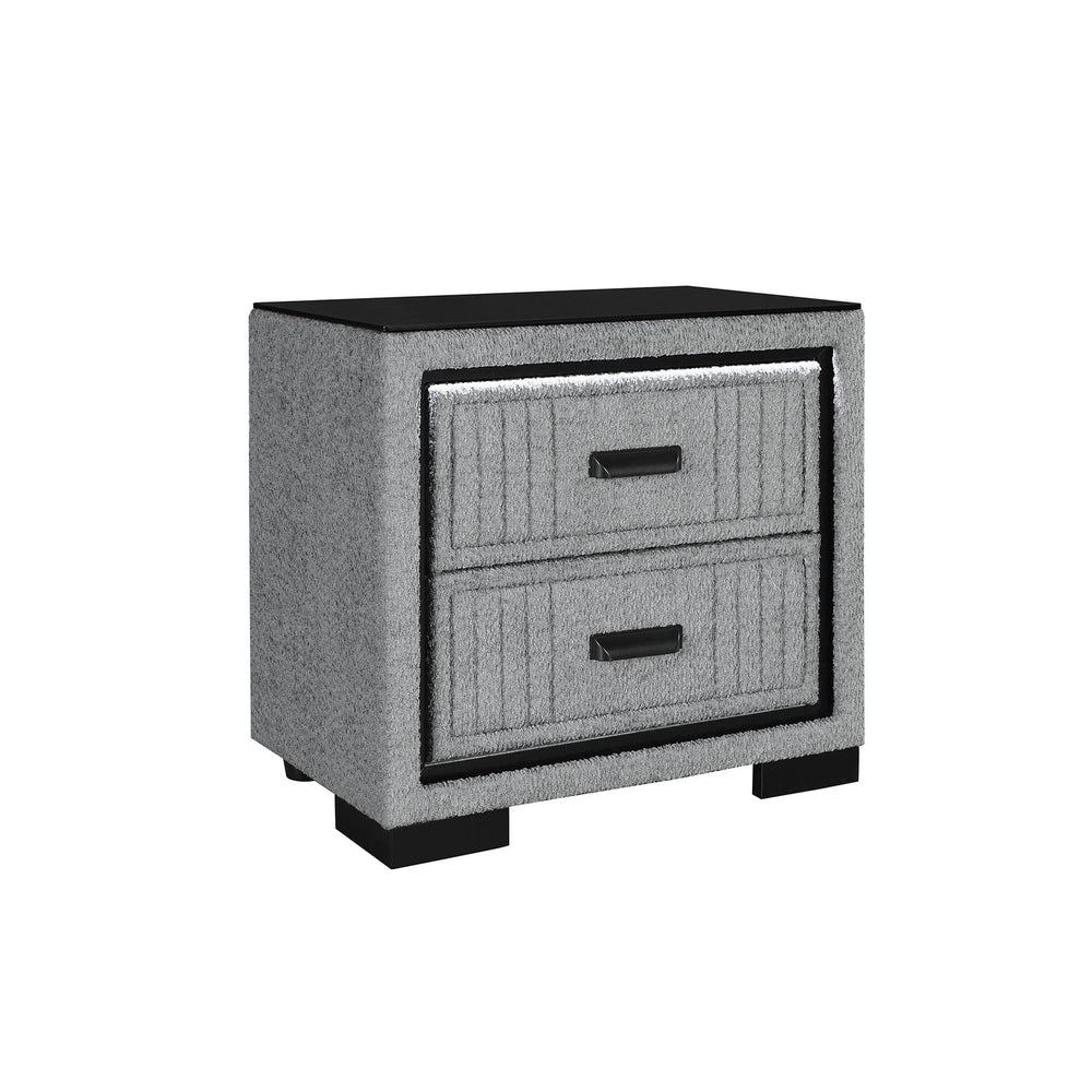 English Elm Isaiah Grey Nightstand with Upholstered Frame, LED Light, Spacious Drawers & Solid Wood Build B201P391201