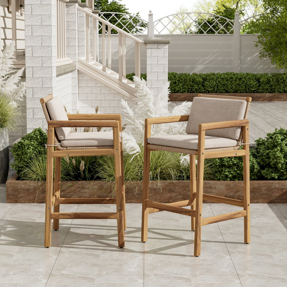 English Elm Christopher Knight Home® - Marcella Teak-Finish Acacia Outdoor Barstool Set of 2 with Beige Integrated Cushion & Wicker Backrest N775P301184T