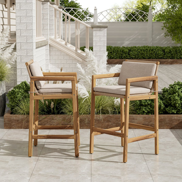 English Elm Christopher Knight Home® - Marcella Teak-Finish Acacia Outdoor Barstool Set of 2 with Beige Integrated Cushion & Wicker Backrest N775P301184T