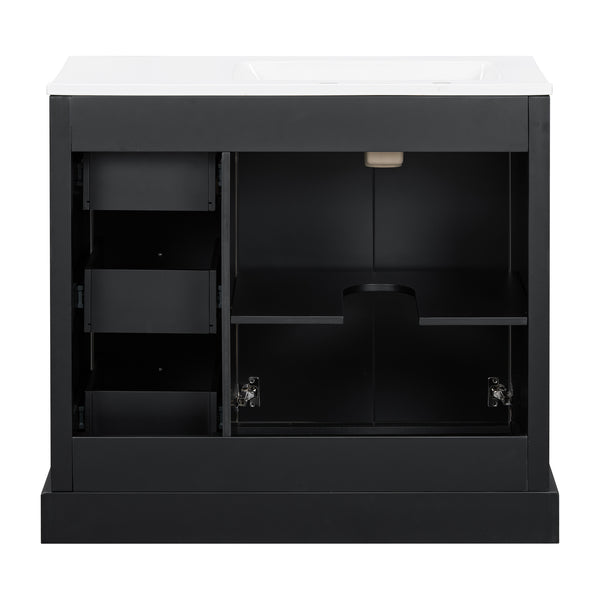 English Elm 36'' Transitional Bathroom Vanity with Ceramic Sink, Solid Wood Frame, Adjustable U-Shelf & Soft-Close Doors Black N729P292966B
