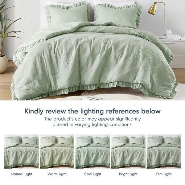 JLA Home Comfort Spaces - Diamond Quilted Comforter Set with Ruffled Edge, Oeko-Tex Certified Midweight Plush for Year-Round Comfort Sage AM10-0198