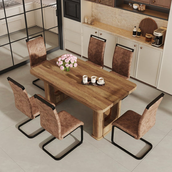 English Elm Table And Chair Set - Modern 64.5" Wood-Textured Dining Table With 6 Stylish Brown Chairs Included W1151S03585-GIGA
