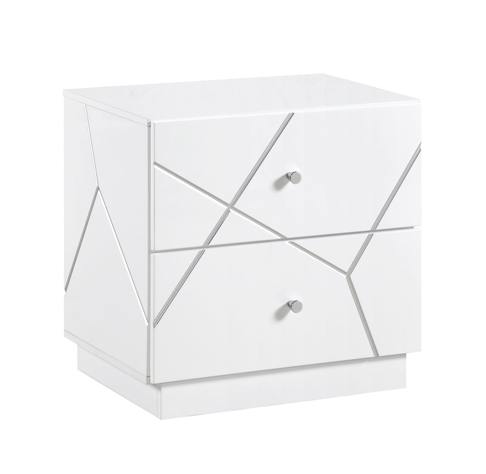 English Elm Glamorous White Wood Nightstand with Etched Geometric Drawers and Chrome Knobs B011P429133