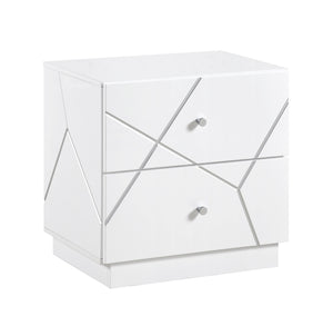English Elm Glamorous White Wood Nightstand with Etched Geometric Drawers and Chrome Knobs B011P429133