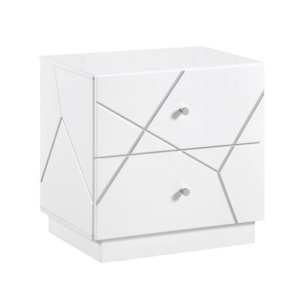 English Elm Glamorous White Wood Nightstand with Etched Geometric Drawers and Chrome Knobs B011P429133