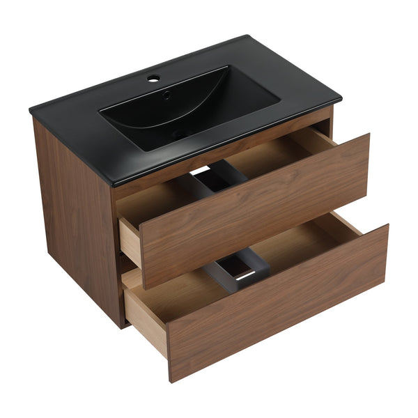 English Elm 30" Wall-Mounted Bathroom Vanity With Black Ceramic Sink & Soft-Close Drawers For Modern Spaces W999S00195