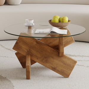 English Elm Circular glass coffee table 33.4" Modern round tempered glass top with wood MDF legs, 130 lb capacity, easy assembly W1151P143350