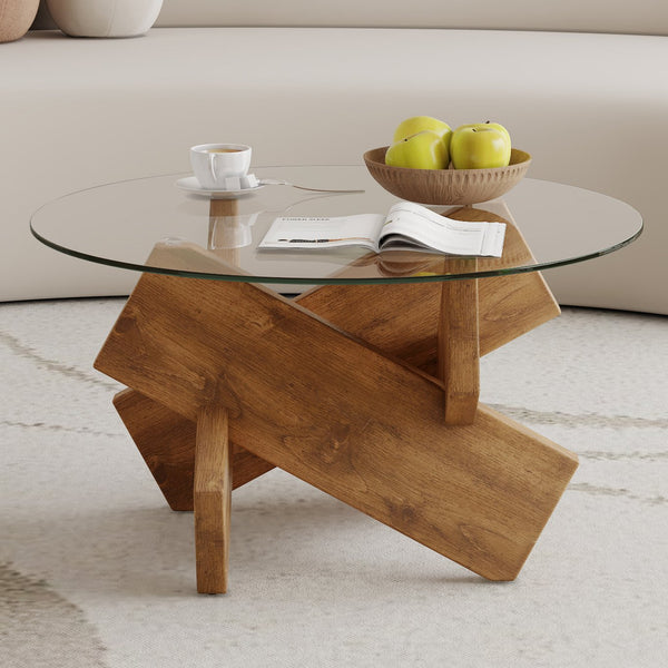 English Elm Circular glass coffee table 33.4" Modern round tempered glass top with wood MDF legs, 130 lb capacity, easy assembly W1151P143350