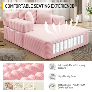 English Elm Luxurious Corduroy Frameless Chaise with Sleeper Conversion Foam Cushioning and Storage Pocket Baby Pink W3219P459763