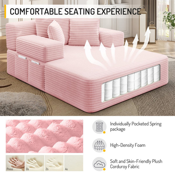 English Elm Luxurious Corduroy Frameless Chaise with Sleeper Conversion Foam Cushioning and Storage Pocket Baby Pink W3219P459763