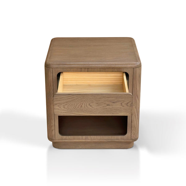 English Elm Driftwood Oak End Table with Open Shelf and Push Drawer for Modern Living B035P437552
