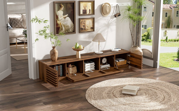 English Elm 70 Inch Walnut Media Console Low Profile Tv Stand with Soft Close Flip Doors N710P374711P