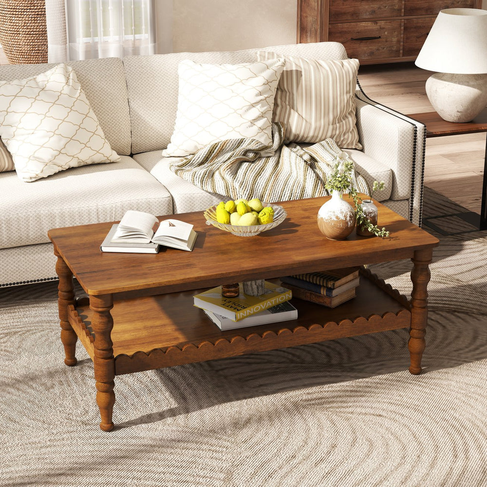 English Elm Rectangle Two Tier Farmhouse Coffee Table Solid Wood Legs Wave Shelf for Living Room W2263P426698