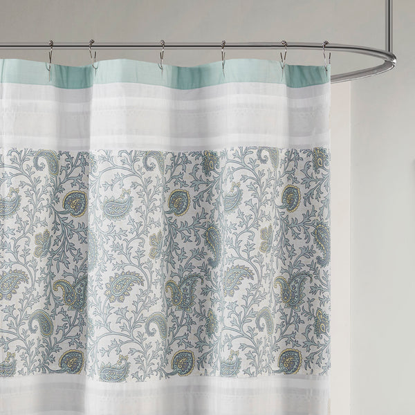 JLA Home Madison Park - Cotton Paisley Shower Curtain with Pin-Tucks and Lace Trim, OEKO-TEX Certified, 72x72 Inches Aqua MP70-2493
