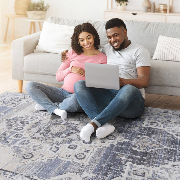 English Elm Loom & Luxe 2X8 Cream/Blue Medallion Area Rug - Non-Shedding, Stain Resistant, Stylish For Any Room B335P289526