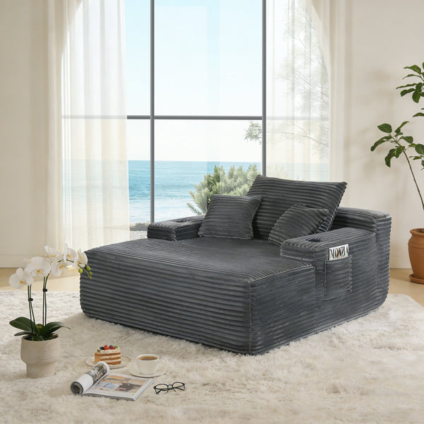 English Elm New Corduroy Convertible Chaise Lounge Sleeper Sofa with Cup Holder and Throw Pillows W3975P479028