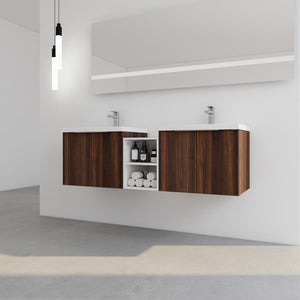 English Elm 60 Inch Wall Mounted Vanity with Dual Resin Sinks, Soft Close Doors, Metal Handles & Shelves Durable Finish California Walnut W999S00187
