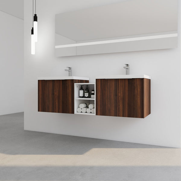 English Elm 60 Inch Wall Mounted Vanity with Dual Resin Sinks, Soft Close Doors, Metal Handles & Shelves Durable Finish California Walnut W999S00187