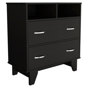 English Elm Portobelo modern two-drawer dresser with open shelves, sturdy top & four legs for stylish storage and display Black 36 L x 21 W x 4 H B128S00109