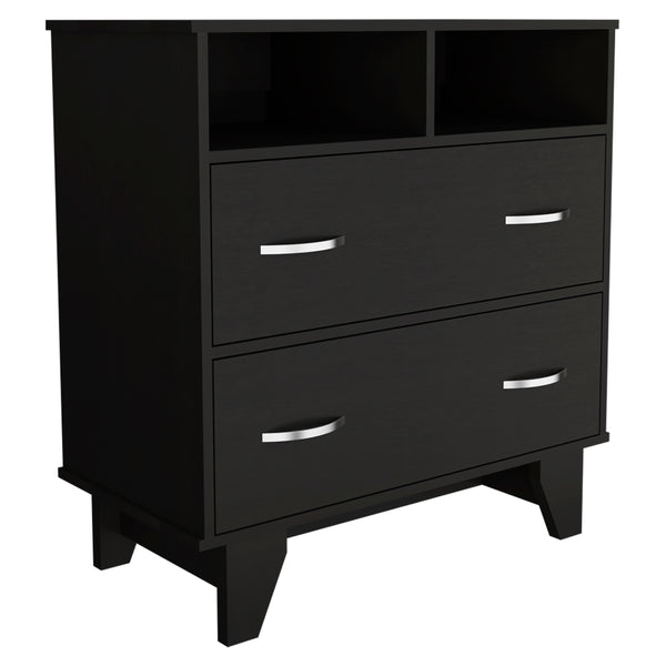 English Elm Portobelo modern two-drawer dresser with open shelves, sturdy top & four legs for stylish storage and display Black 36 L x 21 W x 4 H B128S00109