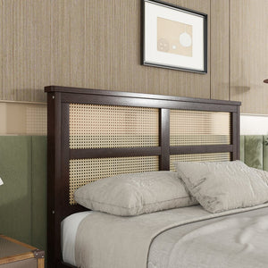 English Elm Full Full Size Bed with Rattan Headboard and Two Underbed Storage Drawers, Rubberwood Slat Support Espresso W504P269605