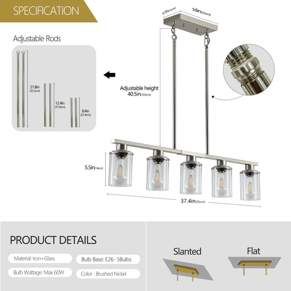 English Elm 37" Five-light Iron Chandelier Brushed Nickel Finish Clear Glass Linear Kitchen Pendant W1340P206715