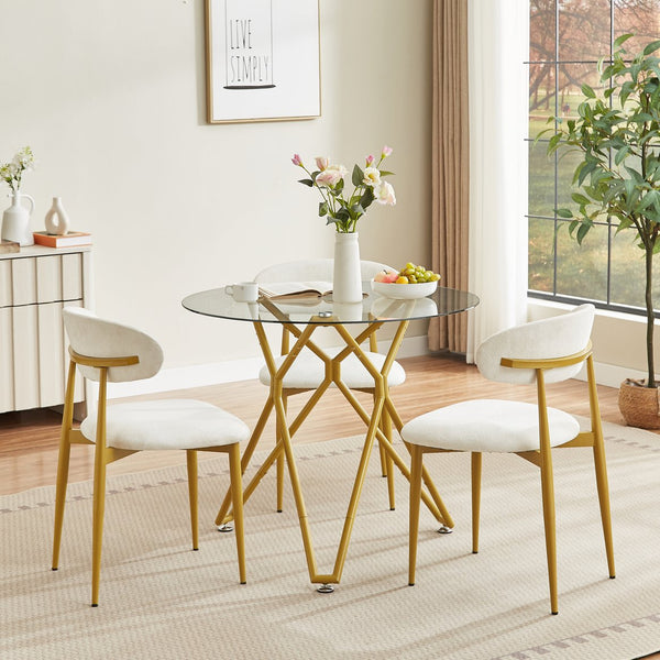 English Elm 35.4-Inch Round Tempered Glass Dining Table – Stylish Gold Finish For 1-4 People, Space-Saving Design W1162P306709