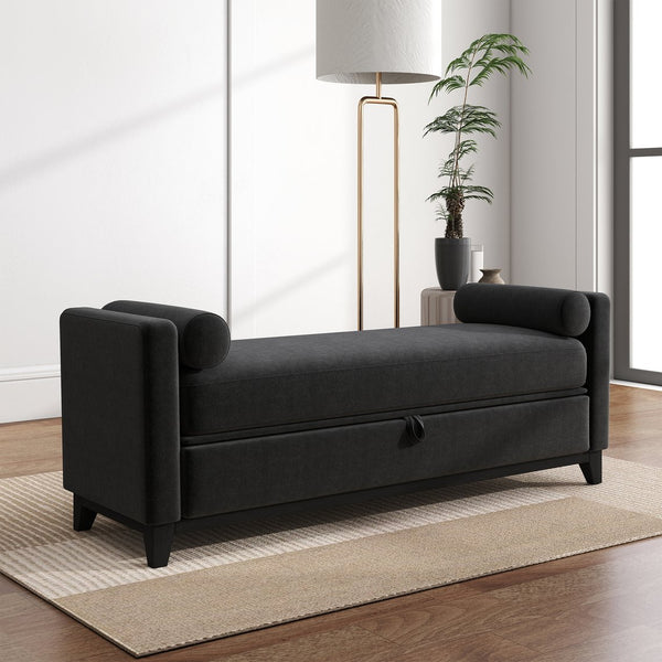 English Elm 66 Inch Sherpa Upholstered Storage Bench with Fluted Wood Base and Bolster Pillows Black W1658P446127