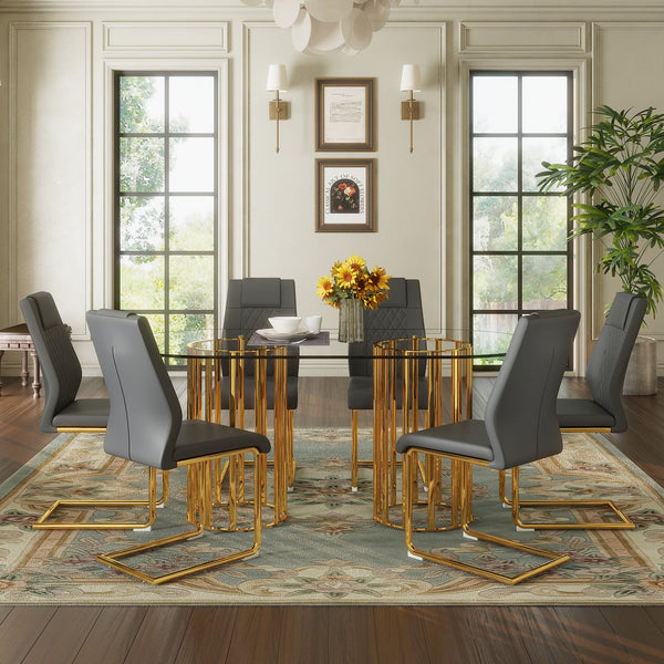 English Elm Table and Chair Set Oval Tempered Glass Top Six Seat Glam Dining with Arched Legs Dark Gray,Gold,Transparent W1151S04722