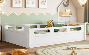 English Elm Twin Low Profile Floor Bed with Guardrails Pine Wood Frame Minimalist Bedroom White W1580P438792