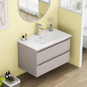 English Elm 32-Inch Wall-Mounted Bathroom Vanity With Soft-Close Drawers, Ceramic Sink & Modern Mocha Gray Finish W3151S00048