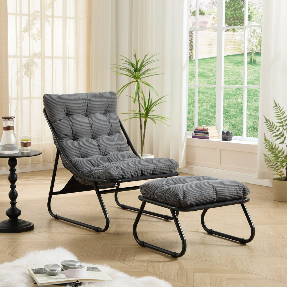 English Elm Patio Sling Recliner with Ottoman Steel Frame Corduroy Cushion Modern Lounge Chair W640P443413