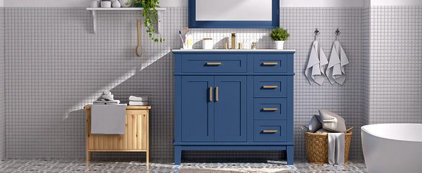 English Elm 36" Navy Bathroom Vanity Solid Wood Frame Ceramic Sink Gold Hardware Soft Close Blue N729P380151C