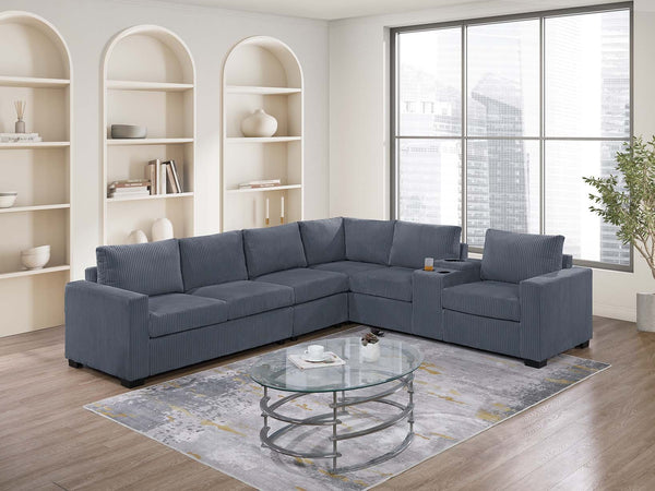 English Elm Modern 4-Piece Corduroy L-Shaped Sectional Sofa with Console, Cup Holders, USB Port, Plush Seating Dark Gray 53.5 L x 39 W x 27 H B011S01752