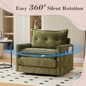 English Elm UNITED Swivel Barrel Chair with Chenille Upholstery, 360° Smooth Rotation, Padded Arm Comfort and Side Pockets for Living Room Relaxation Olive Green W1568P290086