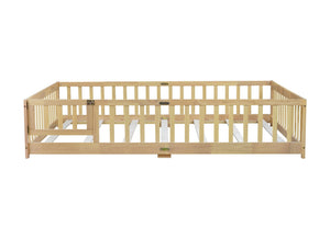English Elm Queen Floor Bed with Safety Fence and Guardrails, Rubberwood Low Profile Platform for Kids Natural W504P286389