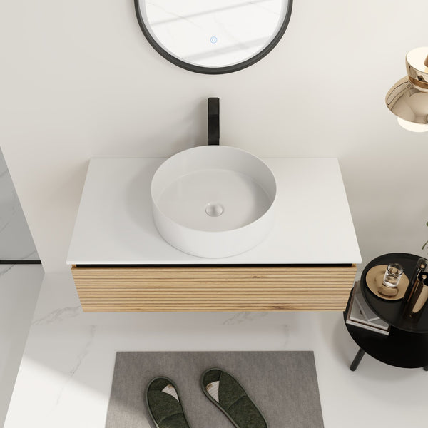 English Elm 36'' Floating Wall Mounted Vanity Plywood Cabinet with Ceramic Vessel Sink Soft Close Drawer W999S00362