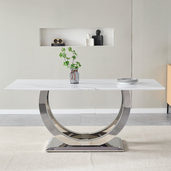 English Elm 69.30 Inch Rectangular Dining Table Marble Pattern Top with Polished Steel Legs Seats Six W3357S00003