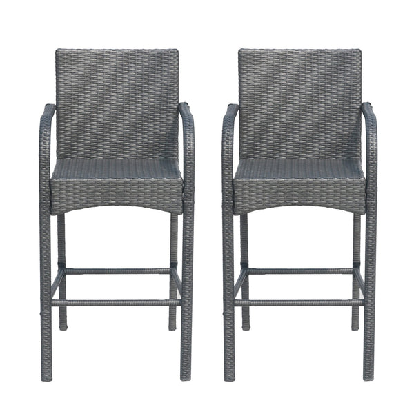 English Elm Christopher Knight Home® - CASCADA Outdoor Wicker Barstools Set of 2 — Durable Powder-Coated Iron Frame, Handcrafted Faux Rattan Lounge Grey 64901.00GRY
