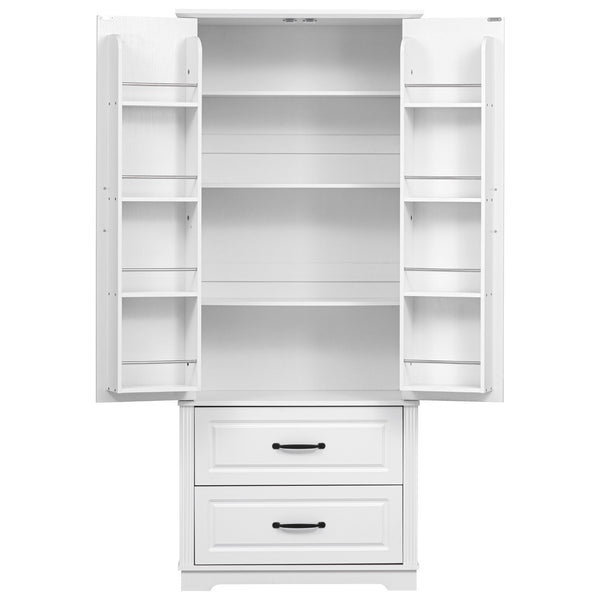 English Elm K&K 71" Farmhouse Pantry Cabinet with Embossed Texture, 2 Drawers, 8 Door Racks, Adjustable Shelves, Anti-Tip Stability Ameican White Oak N707P254905W