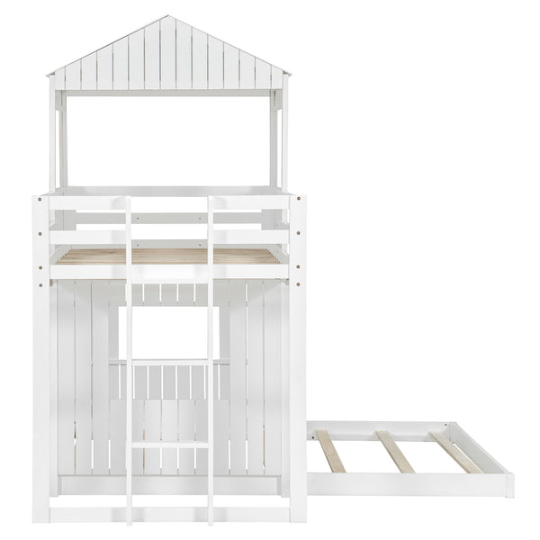 English Elm Wooden Twin Over Full Bunk Bed Farmhouse Playhouse Design with Ladder Guardrails LT000327AAK-1