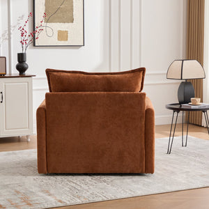 English Elm UNITED Swivel Barrel Chair with Chenille Upholstery, 360° Smooth Rotation, Padded Arm Comfort and Side Pockets for Living Room Relaxation Brown W1568P290084
