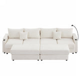 English Elm 123.2" Modern Style 4-Seater Sofa Sectional Sofa Couch With Storage Space, Two Movable Ottomans, Two Usb Ports, Two Cup Holders, A Phone Holder For Living Room, Beige